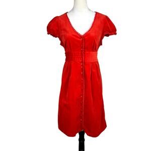 Anthropologie Maeve Scarlet Corduroy Button Up Tie Back Lace Trim Mini Dress